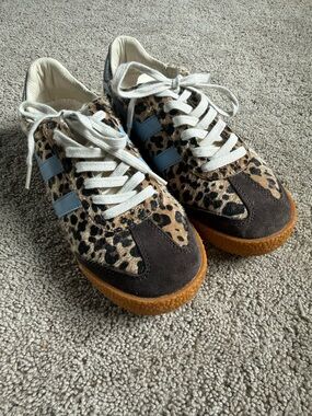 Gola Elan Anthropologie Leopard Sneakers Pony Hair Blue Stripe Gum Sole Size 6